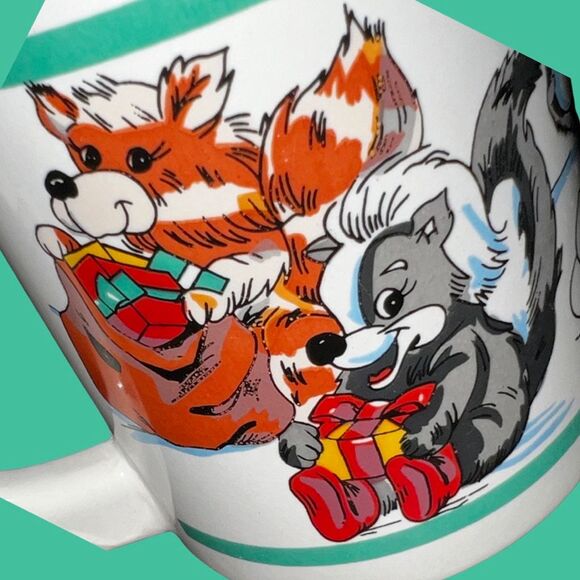 Vintage 80s Christmas Animal Mug Teddy Bear Wolf Penguin Fox Coffee Cup - Picture 3 of 7